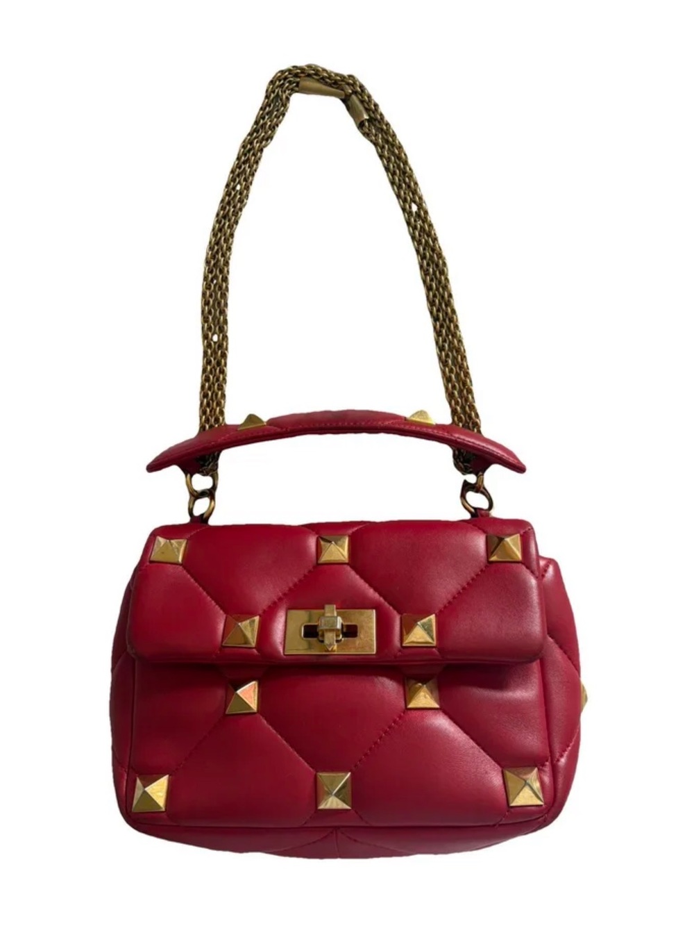 Valentino Garavani Red Roman Stud Quilted Crossbody Bag with Gold Chain